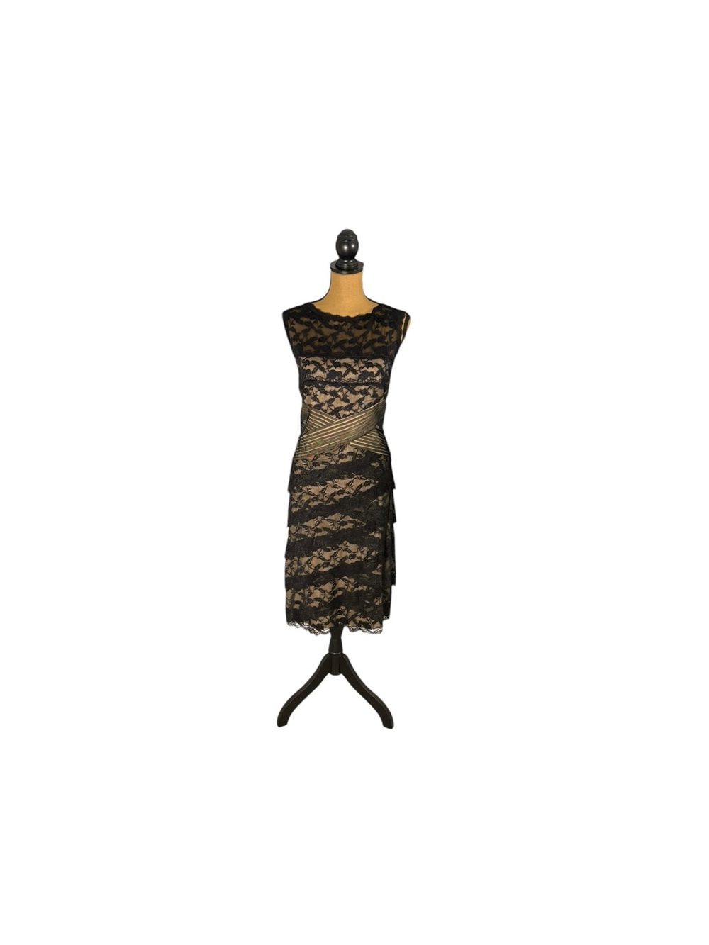 Blu Sage Black Nude Lace Cocktail Dress 16 Tiered Pleated Waist Wedding Guest